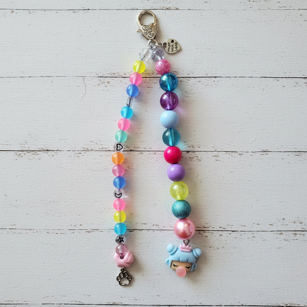 A colorful beaded phone strap or keychain charm hanging against a light wood plank background. The strap features two strands: one with translucent neon pink, blue, yellow, and orange beads, and one with glossy blue, purple, pink, and light blue beads, both ending in pastel charms including a pink bunny and a light blue creature.