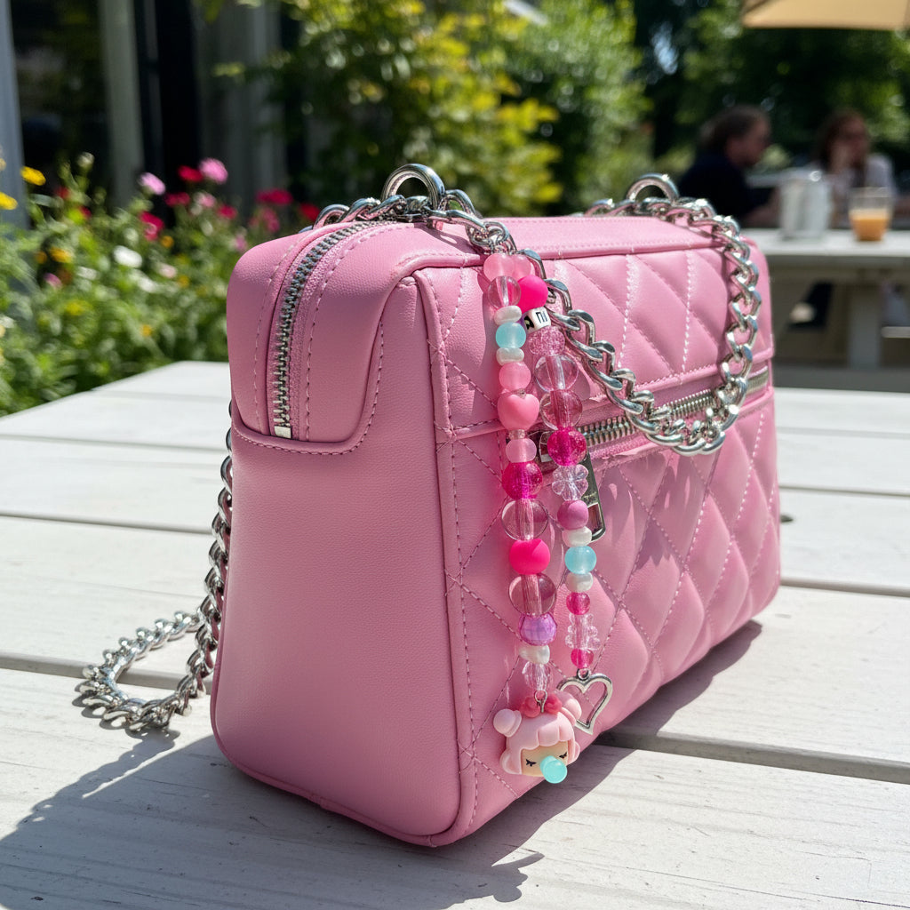 A pink and multicolor beaded keychain strap with a cartoon character charm and a silver heart charm, hanging on a pink purse