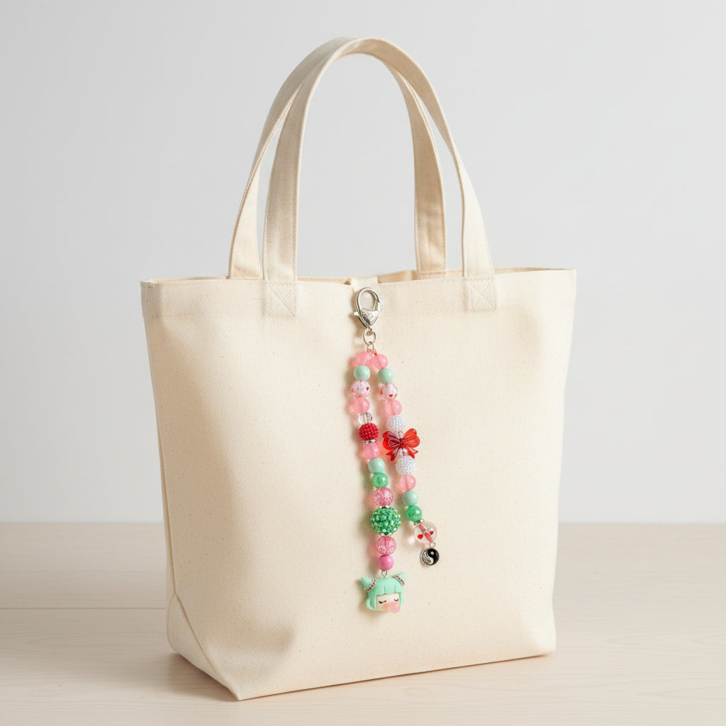 A colorful beaded charm strap with a silver lobster clasp, featuring pink and mint green beads, a red bow bead, a green beaded sphere, a silver ring charm, and a mint green cartoon character charm, displayed on a weathered gray wooden surface.