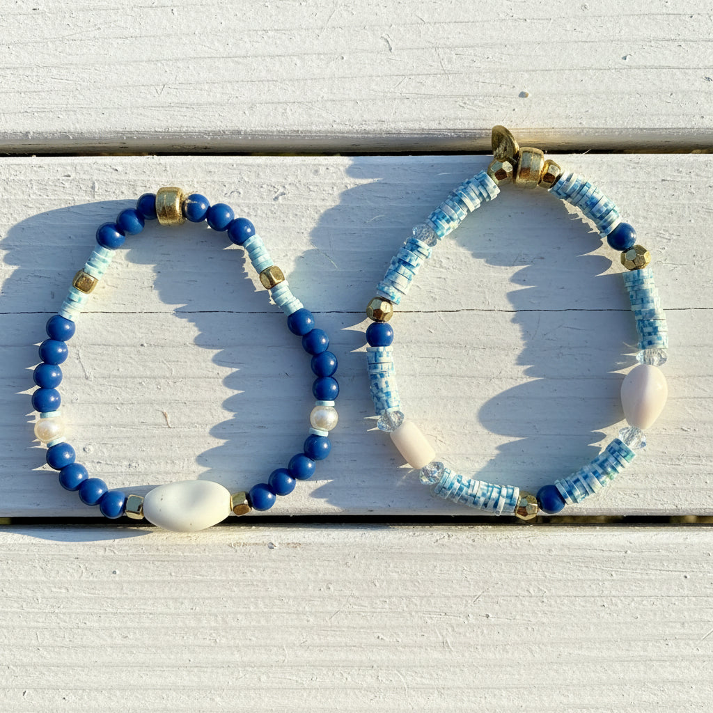 Mediterranean Beaded Bracelet Blue White Mixed Media Stretch 7"
