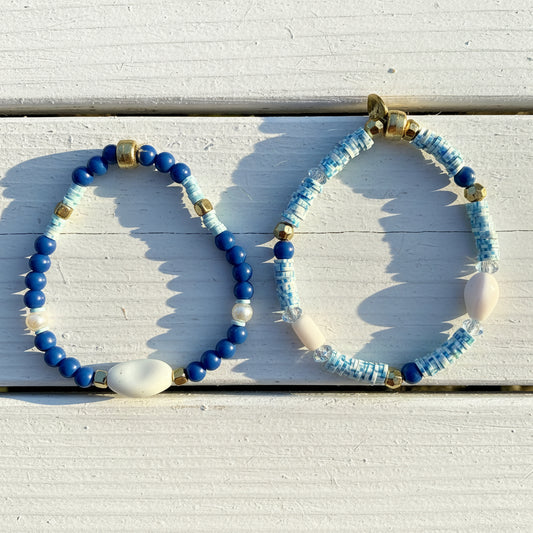 Mediterranean Beaded Bracelet Blue White Mixed Media Stretch 7"