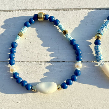 Mediterranean Beaded Bracelet Blue White Mixed Media Stretch 7"