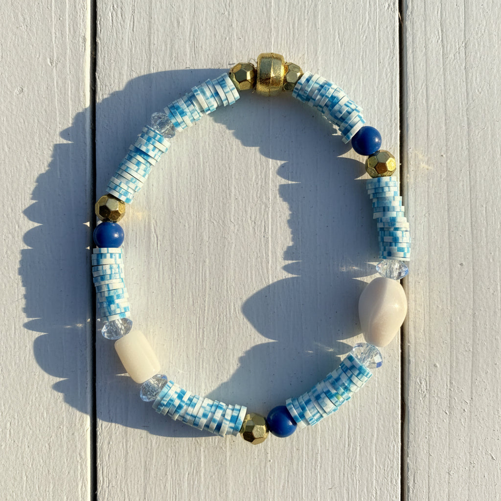 Mediterranean Beaded Bracelet Blue White Mixed Media Stretch 7"