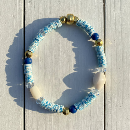 Mediterranean Beaded Bracelet Blue White Mixed Media Stretch 7"