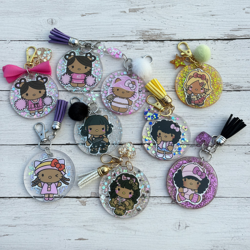 A group of round acrylic keychains featuring cartoon girl illustrations, some with glitter backgrounds and tassel charms, arranged on a white surface.