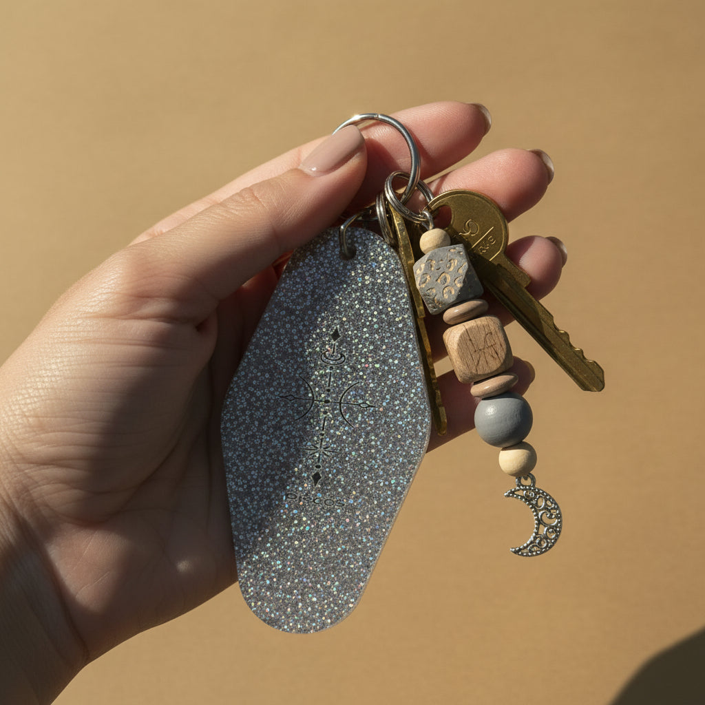 A silver-toned coffin-shaped keychain with a holographic glitter finish, featuring an engraved Celtic cross and moon phases design. The keychain is attached to a metal split ring and a beaded chain with wooden beads, a gray bead, and a silver moon charm, displayed on a white background 