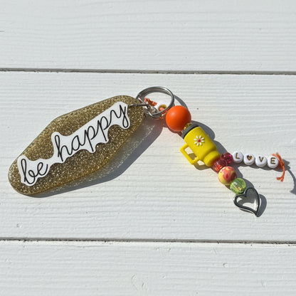 Be Happy Glitter Keychain Colorful Beaded Inspirational Key Ring 6"