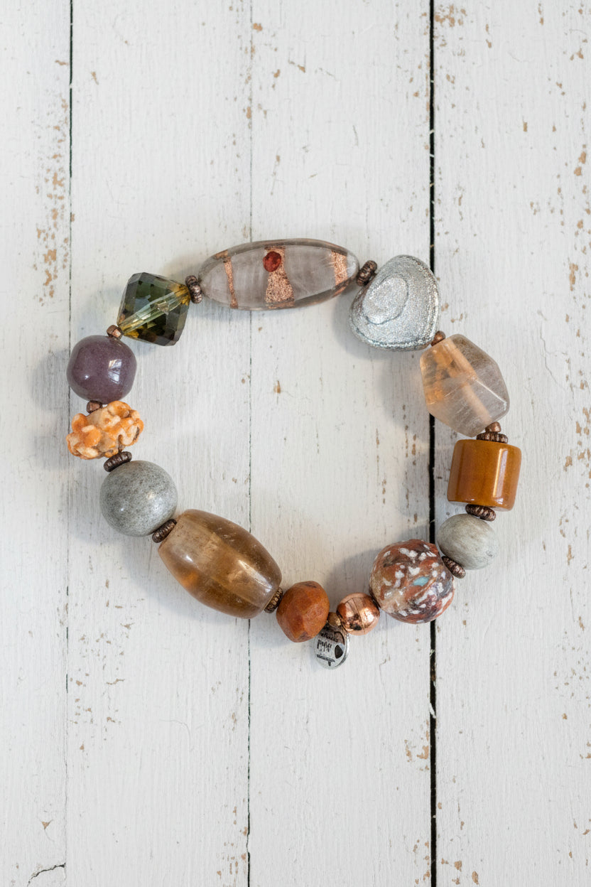 Wearable Art Lampwork Glass Bracelet | Earthy Boho Mixed Media Stretch Bracelet