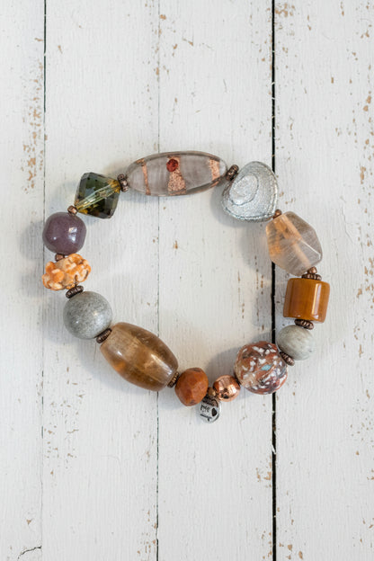 Wearable Art Lampwork Glass Bracelet | Earthy Boho Mixed Media Stretch Bracelet