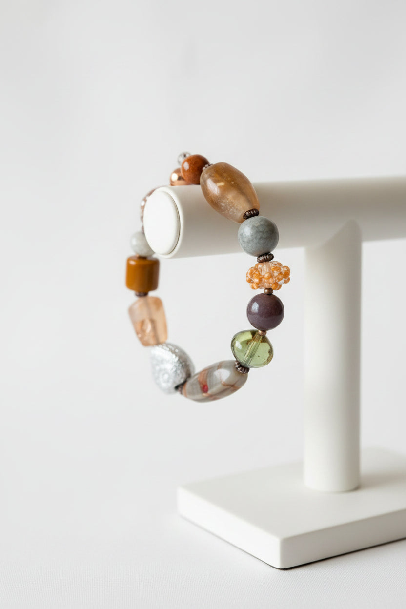Wearable Art Lampwork Glass Bracelet | Earthy Boho Mixed Media Stretch Bracelet