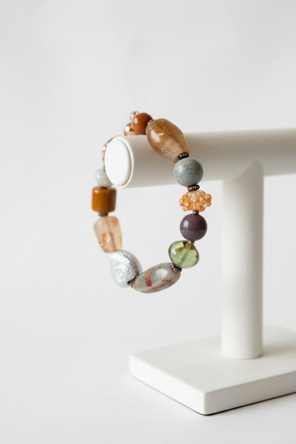 Wearable Art Lampwork Glass Bracelet | Earthy Boho Mixed Media Stretch Bracelet