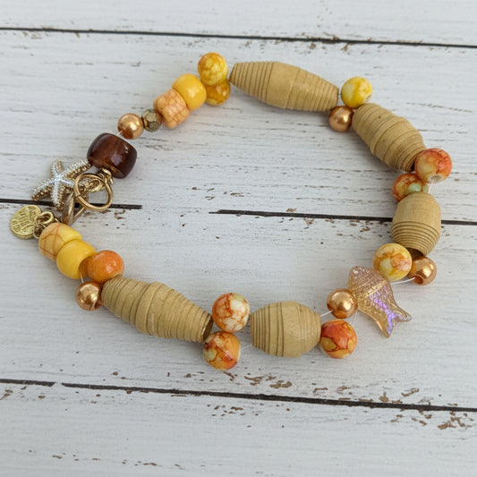 Unique Hand-Rolled Paper Bead Eclectic Fishercore Boho Charm Bracelet