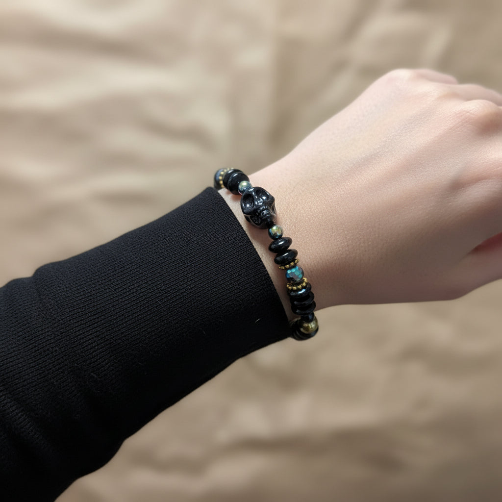 Celestial Goth Black Skull Iridescent Beaded Stretch Bracelet