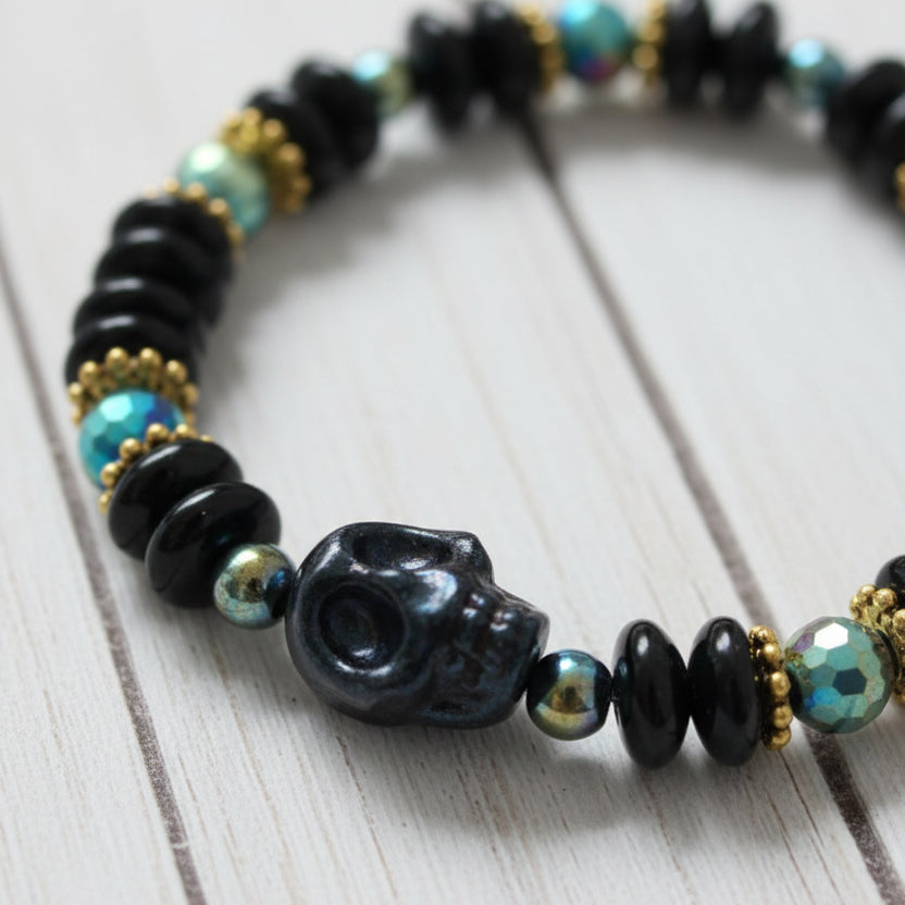 Celestial Goth Black Skull Iridescent Beaded Stretch Bracelet