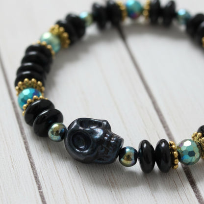 Celestial Goth Black Skull Iridescent Beaded Stretch Bracelet