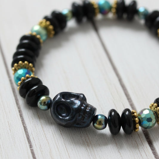 Celestial Goth Black Skull Iridescent Beaded Stretch Bracelet