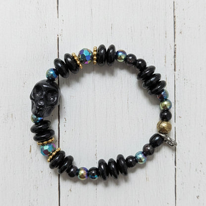 Celestial Goth Black Skull Iridescent Beaded Stretch Bracelet