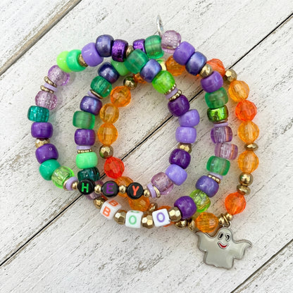 Hey Boo Halloween Beaded Bracelet Set Ghost Charm Colorful Handmade Stretch Stack
