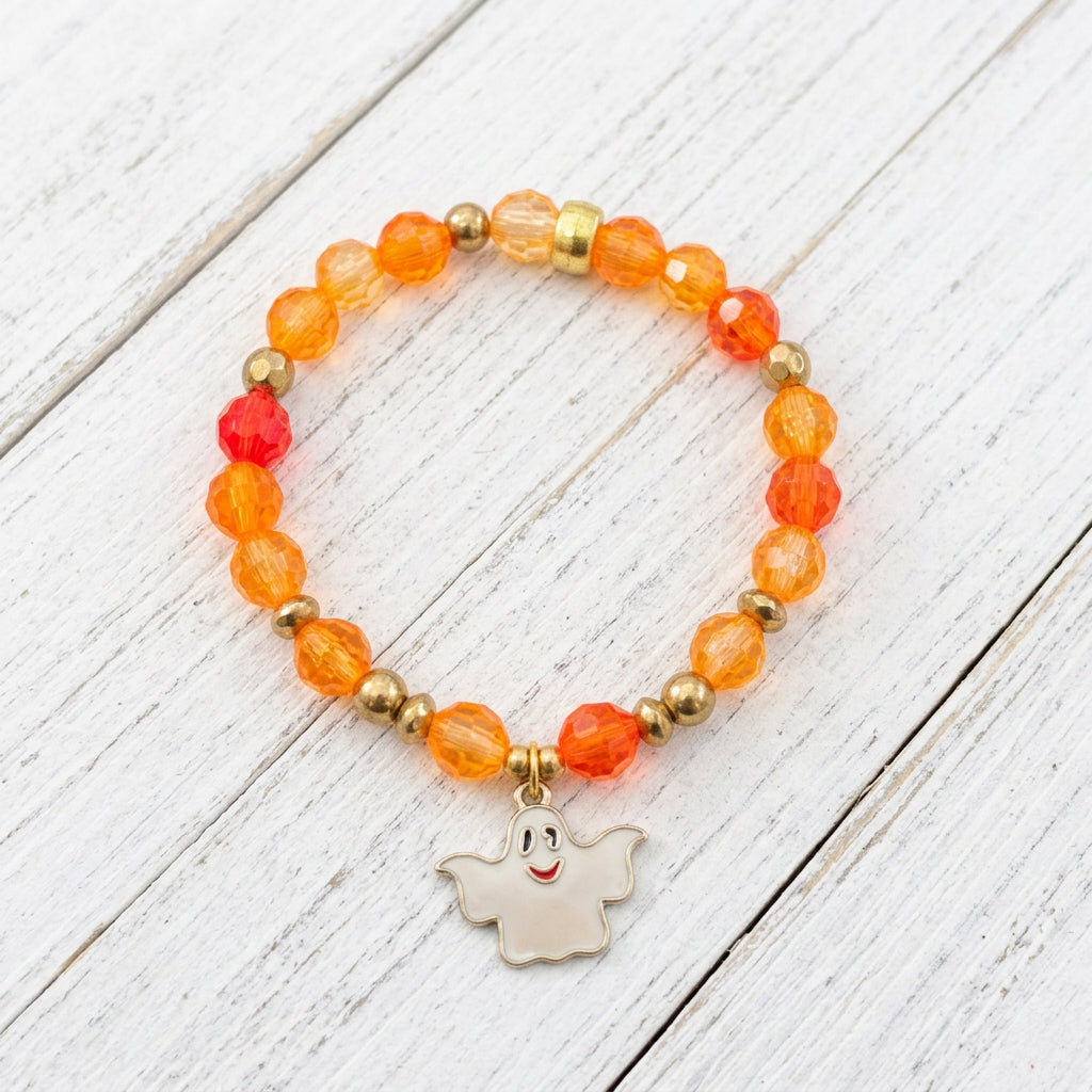 Hey Boo Halloween Beaded Bracelet Set Ghost Charm Colorful Handmade Stretch Stack