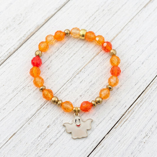 Hey Boo Halloween Beaded Bracelet Set Ghost Charm Colorful Handmade Stretch Stack