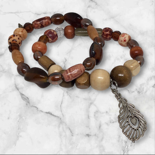 Cowboy Feather | Western Wooden Beads Bracelet Set