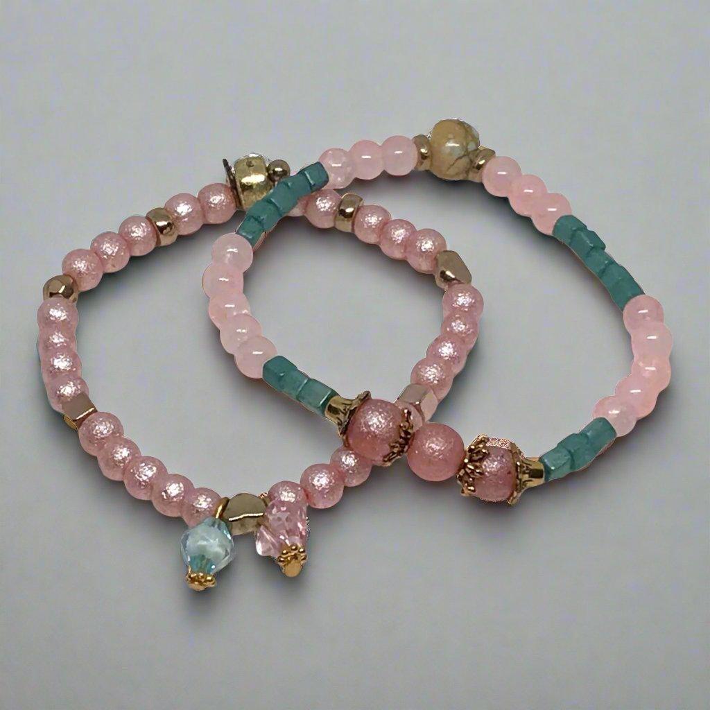 View Finder | Vintage-Inspired Pink and Teal Beaded Bracelet Set - Distinct Designs