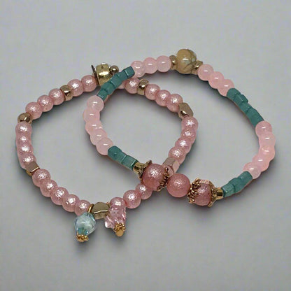 View Finder | Vintage-Inspired Pink and Teal Beaded Bracelet Set - Distinct Designs