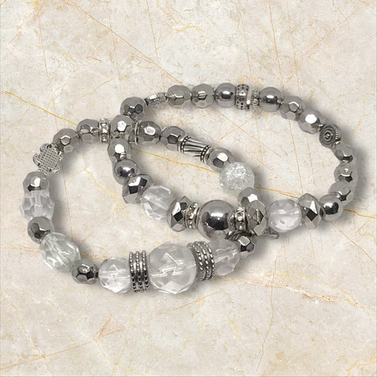 Silver Dollar Stretch Bracelet Set |Sparkling Glass Beads