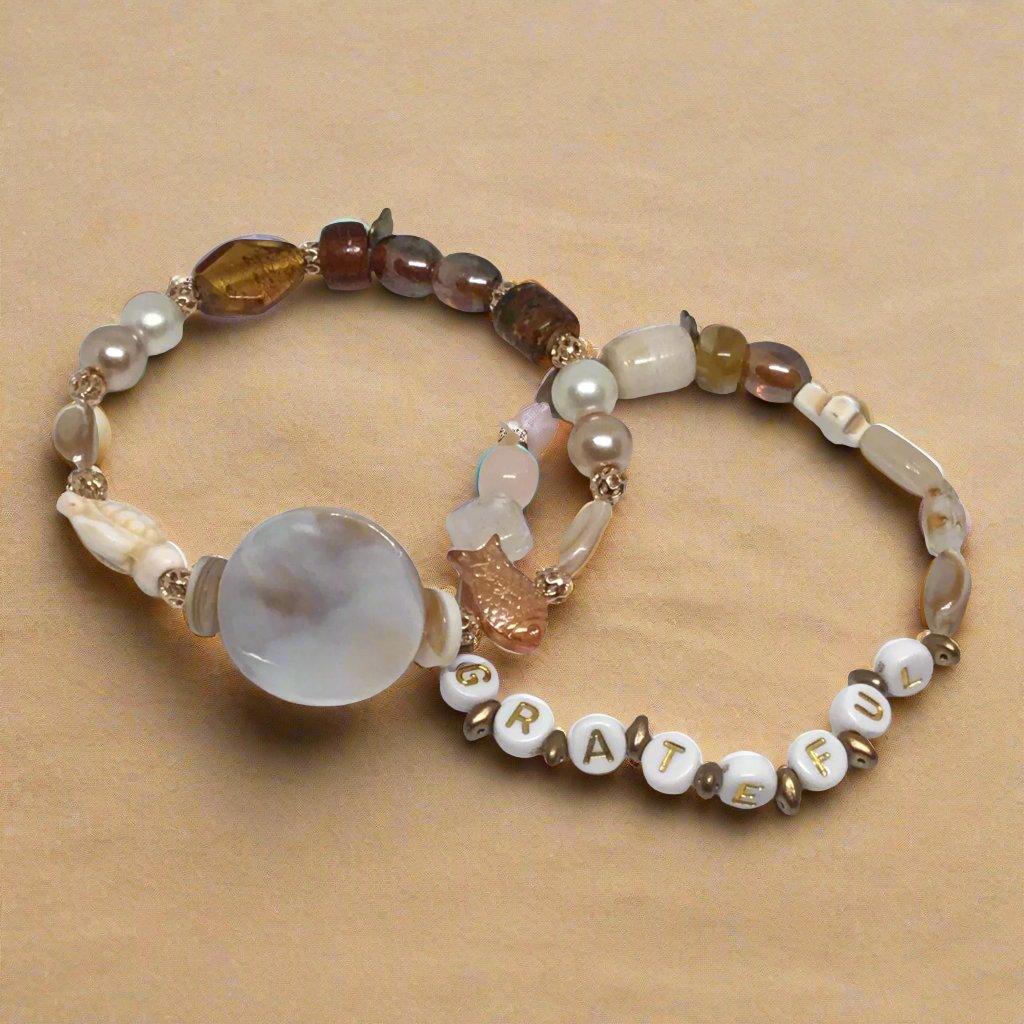 Grateful | Natural Shell Stone and Glass Bracelet Set - Distinct Designs