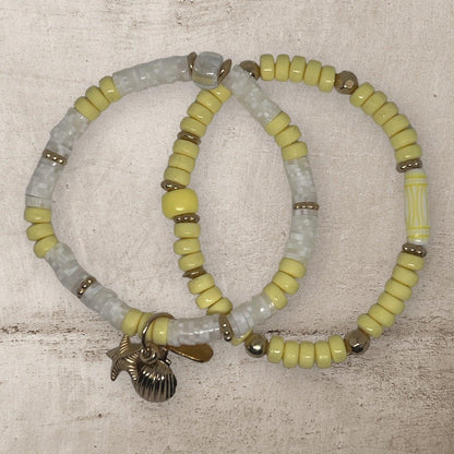 Sandy Pearl | Yellow and White Stretch Beach Vibes Bracelet Set - Distinct Designs