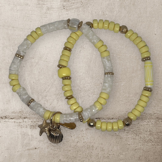 Sandy Pearl | Yellow and White Stretch Beach Vibes Bracelet Set