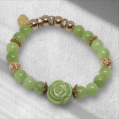 Succulent | Glass Beads Bracelet Sage Green Gold Rhinestones - Distinct Designs