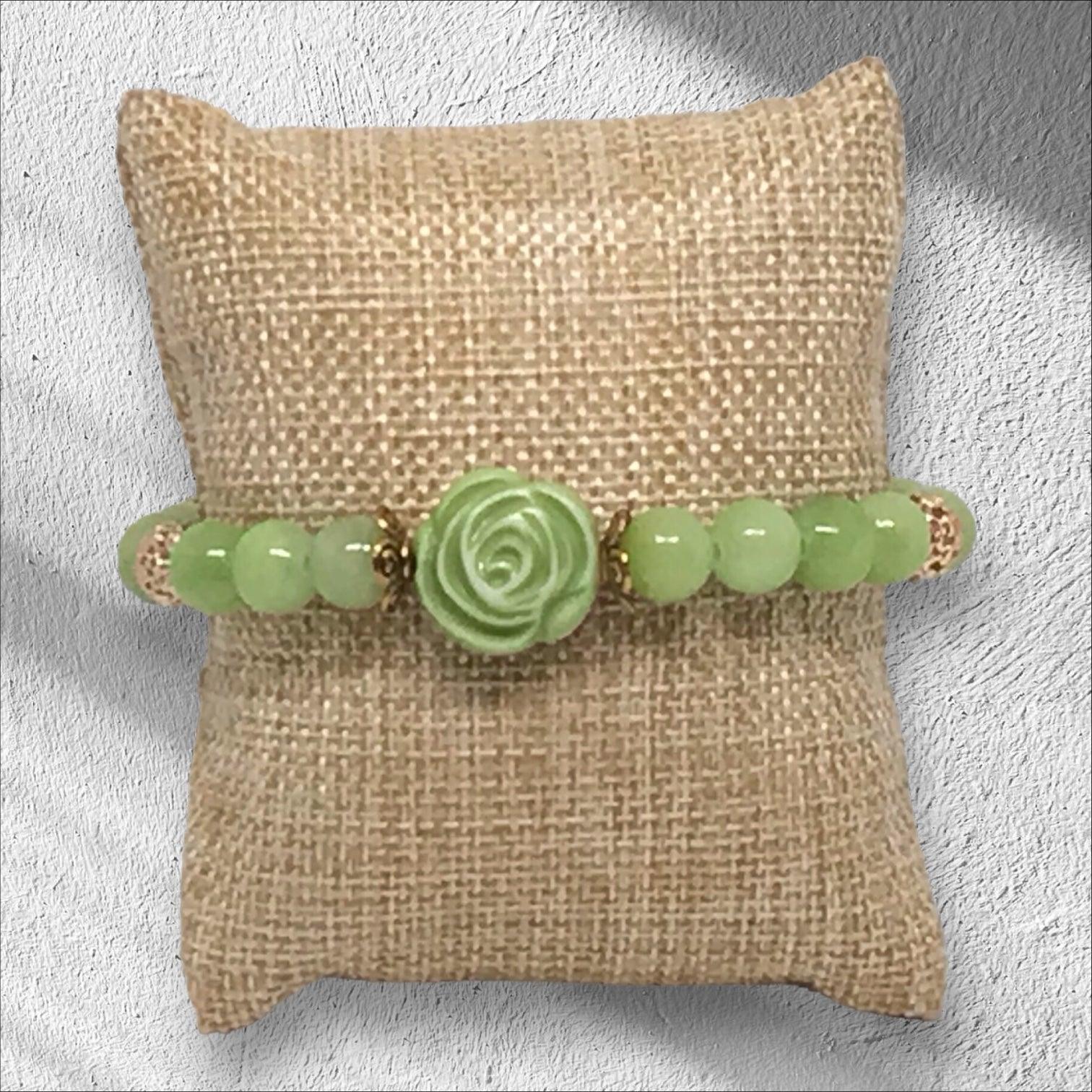 Succulent | Glass Beads Bracelet Sage Green Gold Rhinestones - Distinct Designs