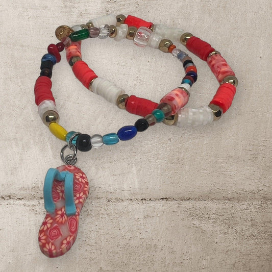 Beach Walk in the Sand | Playful Flip Flop Charm & Clay Beads Bracelet Set - Distinct Designs