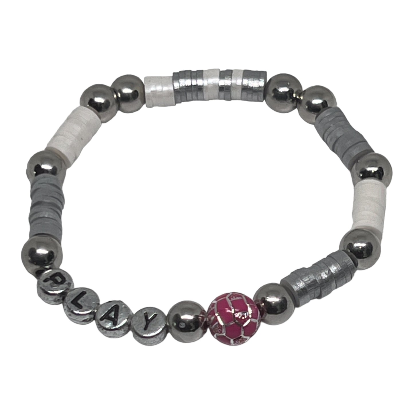 Pink & Silver Stretch Soccer Heishi  Sports Fan Unique Bracelet