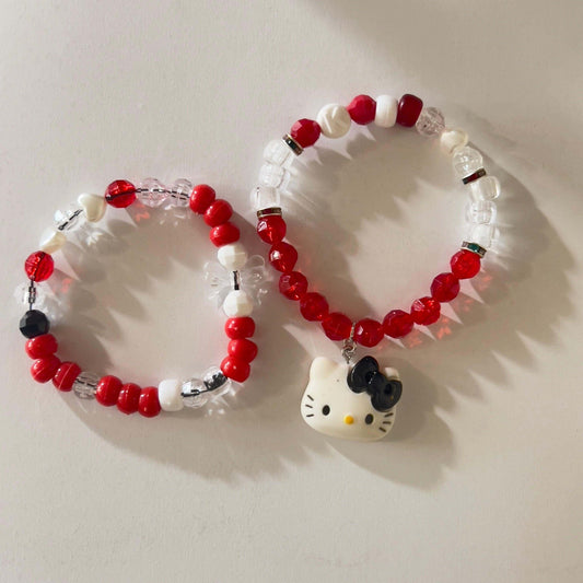 K is for Kitty | Red & White Pony Bead Charm Bracelet - Distinct Designs