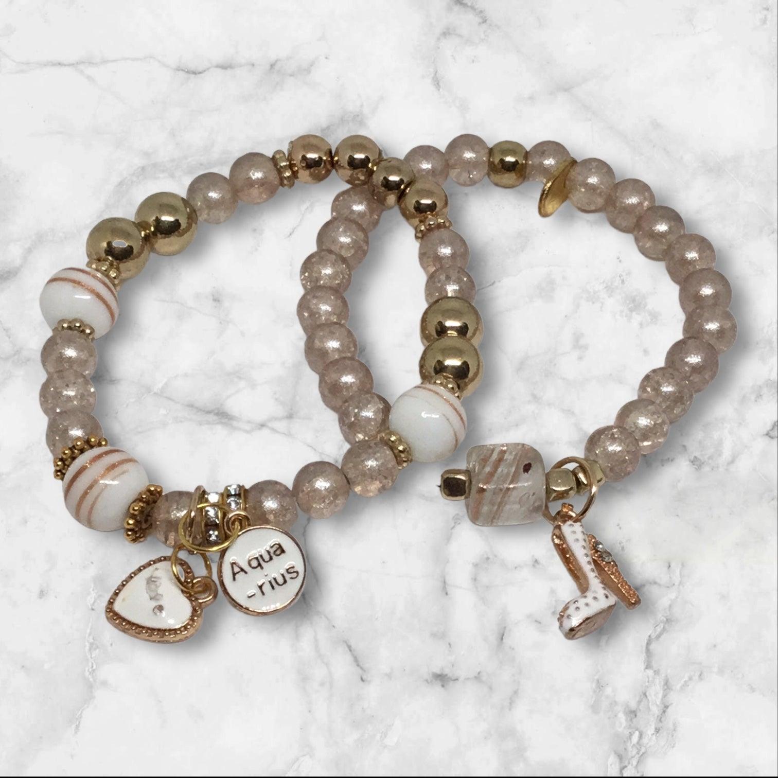 Aquarius Charm Bracelet Set - Elegant Gold & Pearl Accents - Distinct Designs