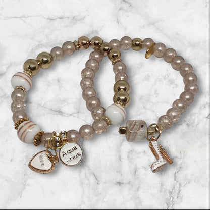 Aquarius Charm Bracelet Set - Elegant Gold & Pearl Accents - Distinct Designs