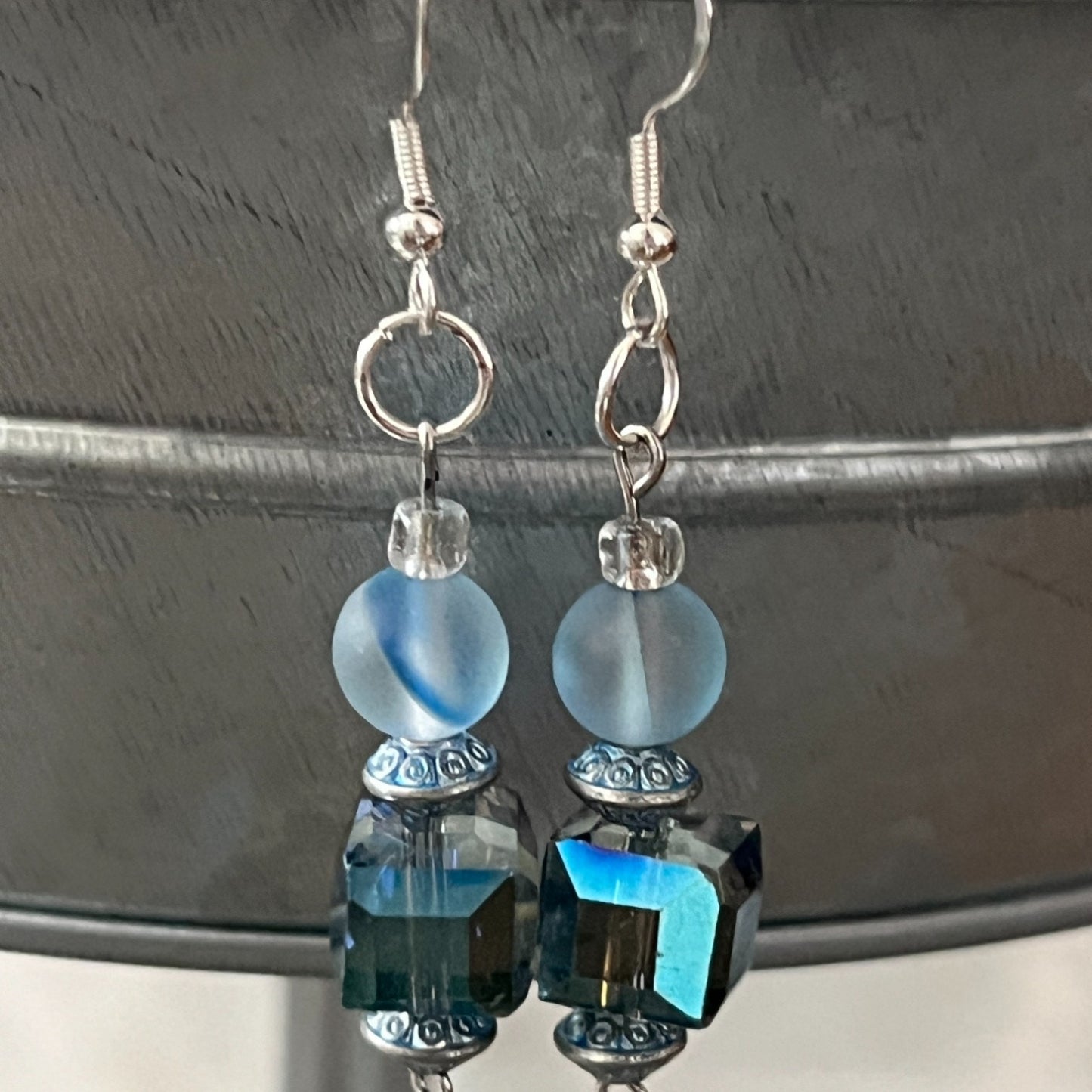 Handcrafted 925 Sterling Silver Sparkling Cerulean Blue Glass Dangles