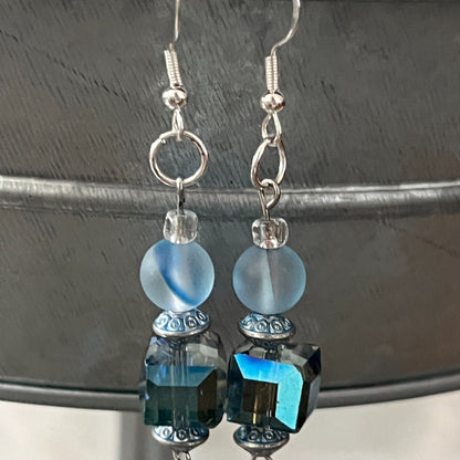 Handcrafted 925 Sterling Silver Sparkling Cerulean Blue Glass Dangles