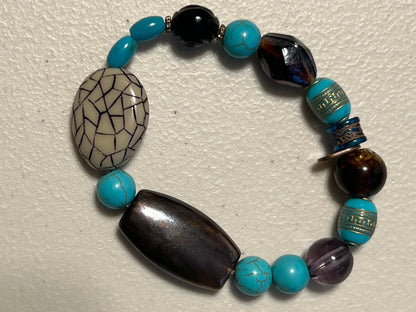 Faux Turquoise Beaded Stretch Bracelet | Bold Tribal Boho Handmade Jewelry - Distinct Designs