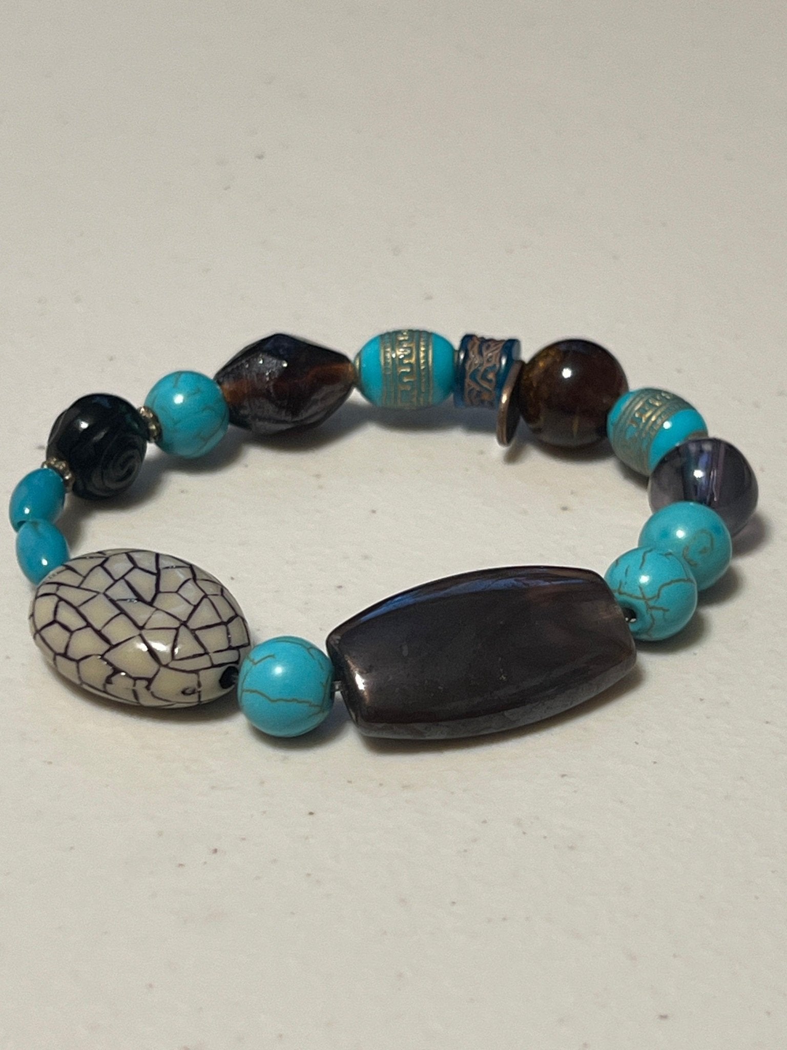 Faux Turquoise Beaded Stretch Bracelet | Bold Tribal Boho Handmade Jewelry - Distinct Designs