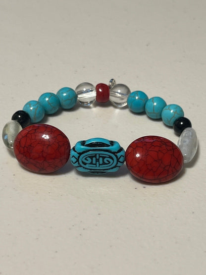 Faux Turquoise Stretch Beaded Bracelet | Bold Tribal Boho Handmade Jewelry - Distinct Designs