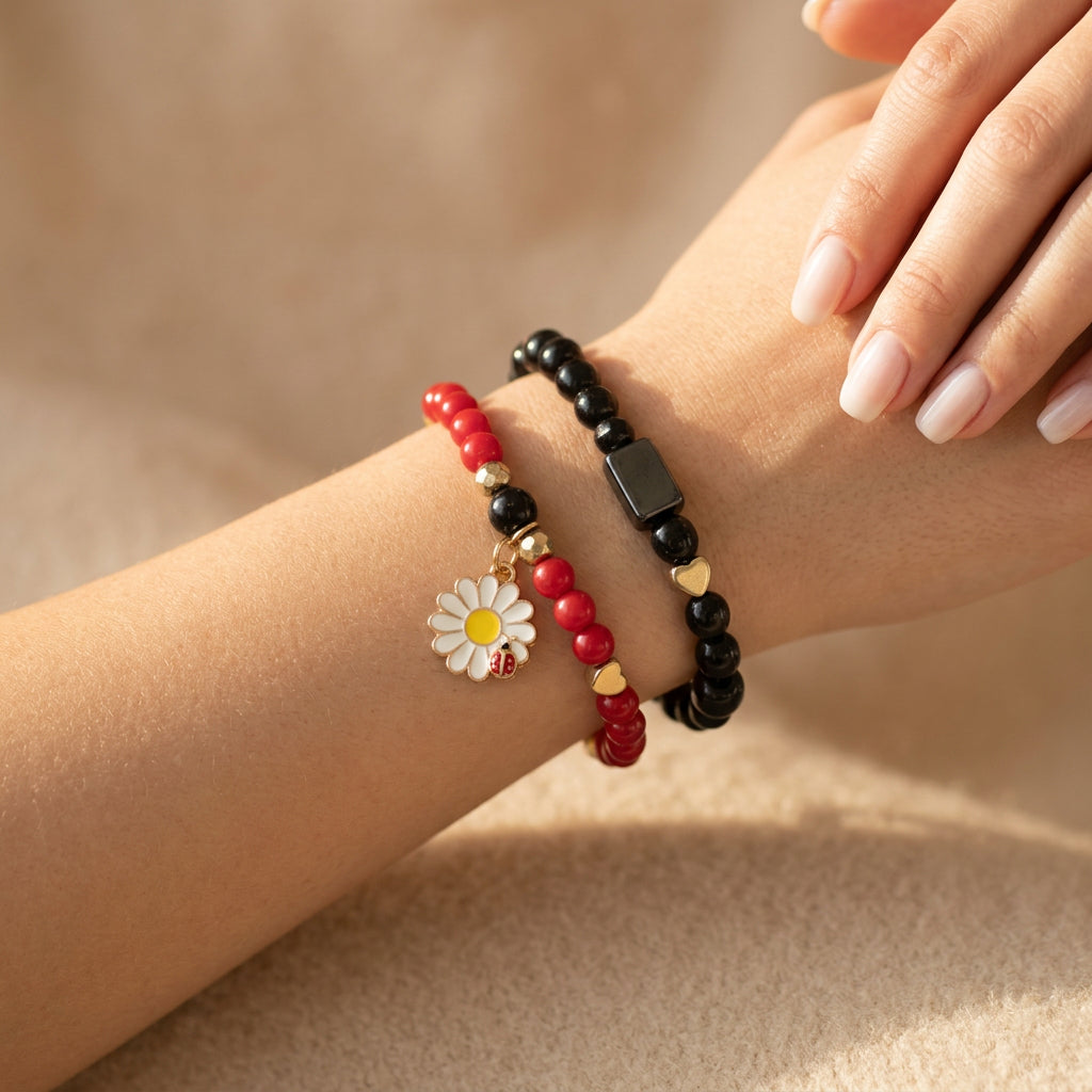Glass Bead Charm Stretch Bracelet Set | Nature-Inspired Elegance Handmade Jewelry