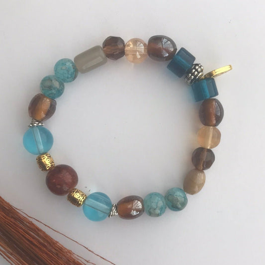 Glass Beaded Bracelet | Stackable Stretch Coastal Earthy Tones Handmade Jewelry - Distinct Designs