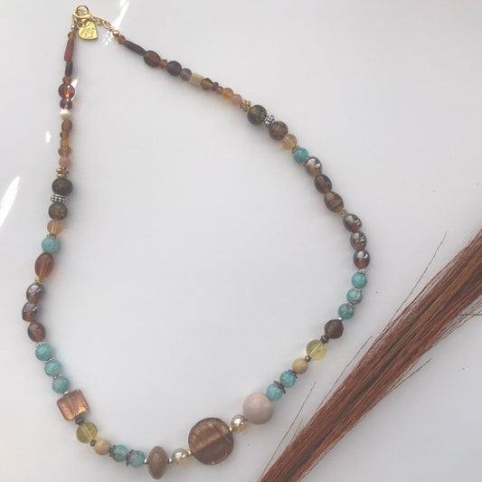 Glass Beaded Necklace | Unique Boho Chic Coastal Earthy Tones Handmade Jewelry - Distinct Designs