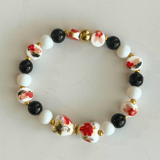 Glass Pearls & Porcelian Heart Bracelet | Porcelain Petals Handmade Jewelry Collection - Distinct Designs