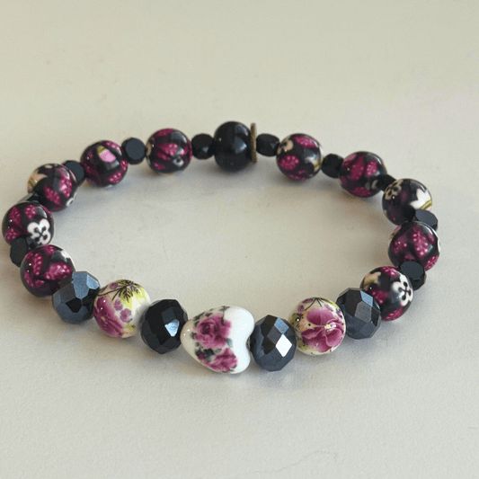 Glass Pearls & Porcelian Heart Bracelet | Porcelain Petals Handmade Jewelry Collection - Distinct Designs