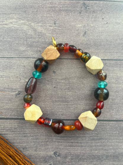 Glass & Wooden Beaded Bracelet | Southwestern Boho Stackable Stretch Handmade Jewelry - Distinct Designs