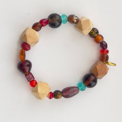 Glass & Wooden Beaded Bracelet | Southwestern Boho Stackable Stretch Handmade Jewelry - Distinct Designs